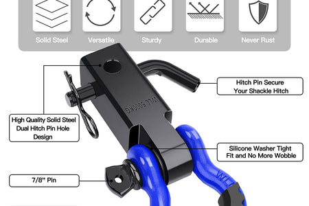 Shackle Hitch Receiver 2", 45,000 Lbs Break Strength Heavy Duty Receiver with 5/8" Screw Pin, 3/4" D Ring Shackles, Towing Accessories for Vehicle Recovery Off-Road, Blue&Black