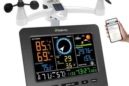 Wifi Weather Station, Wireless Indoor Outdoor Home Weather Stations with Rain Gauge, Wind Speed/Direction, Indoor/Outdoor Thermometer/Humidity, Moon Phrase, Alarm Clock, Barometric Pressure